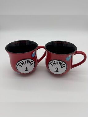 Dr Seuss Thing 1 & Thing 2 Coffee Tea Cup Mugs Universal Studios Cat In The Hat